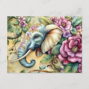 Aquarell Illustration eines Elefanten mit Blumen Postkarte