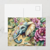Aquarell Illustration eines Elefanten mit Blumen Postkarte (Vorne/Hinten)