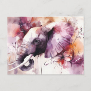 Aquarell Illustration eines Elefanten mit Blumen Postkarte