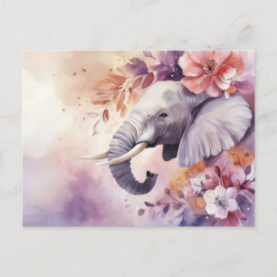 Aquarell Illustration eines Elefanten mit Blumen Postkarte