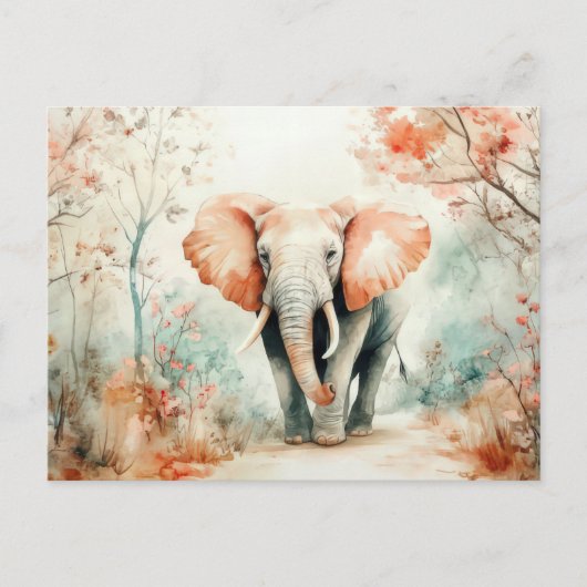 Aquarell Illustration eines Elefanten mit Blumen Postkarte (Vorderseite)