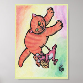 Aquarell-Illustration Katze Maus Käse Cartoon Poster