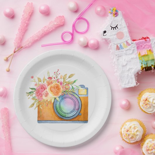 Aquarell+Illustration, orange+kamera, floral+bou Pappteller (Party)