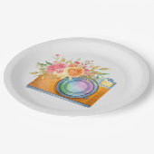 Aquarell+Illustration, orange+kamera, floral+bou Pappteller (Schrägansicht)