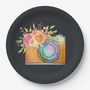 Aquarell+Illustration, orange+kamera, floral+bou Pappteller