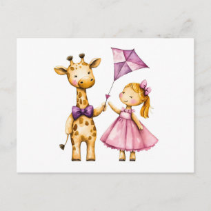 Aquarell-Illustration von Giraffe und Mädchen beim Postkarte