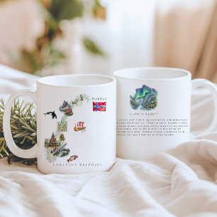 Aquarell-Illustrierte Karte Norwegen   Monogramm Kaffeetasse