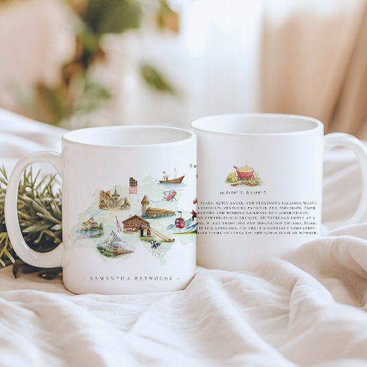 Aquarell-Illustrierte Karte Schweiz | Monogramm Kaffeetasse