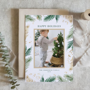 Aquarell Imitat Golden Foil Pine Nadeln Foto Happy Feiertagskarte