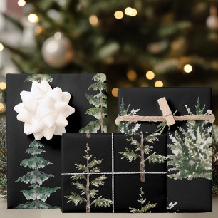 Aquarell Immergrüne Bäume auf schwarzem Rustikal Geschenkpapier Set