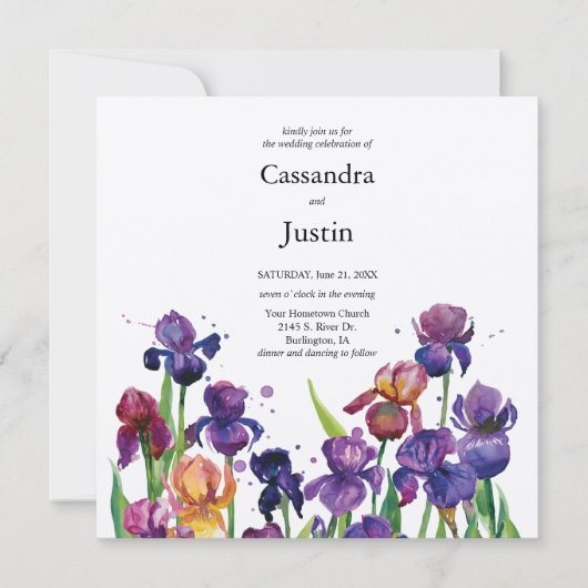 Aquarell-Iris-Hochzeit Einladung (Vorderseite)