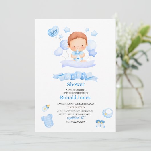 Aquarell ist Junge Blue Boho Kinderzimmer Baby Sho Einladung (Stehend Vorderseite)