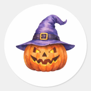 Aquarell-Jack-O-Lantern in einem violetten Hexenhu Runder Aufkleber