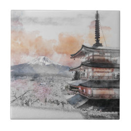 Aquarell Japanische Pagode & Fuji Fliese