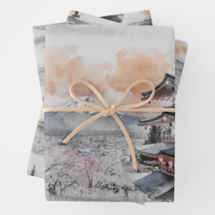 Aquarell Japanische Pagode & Fuji Geschenkpapier Set