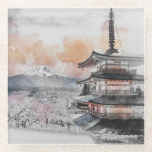 Aquarell Japanische Pagode & Fuji Glasuntersetzer