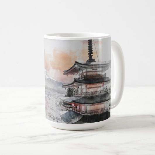 Aquarell Japanische Pagode & Fuji Kaffeetasse (VorderseiteRechts)