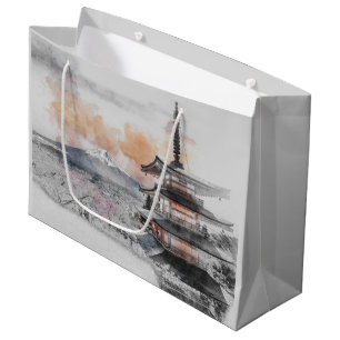 Aquarell Japanische Pagode & Mount Fuji Landschaft Große Geschenktüte