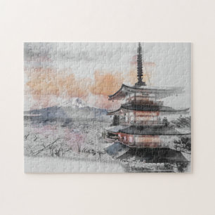 Aquarell Japanische Pagode & Mount Fuji Landschaft Puzzle