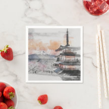 Aquarell Japanische Pagode & Mount Fuji Landschaft