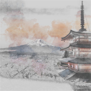 Aquarell Japanische Pagode & Mt. Fuji Aufkleber