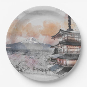 Aquarell-Japanische Pagode & Mt. Fuji-Papierteller Pappteller