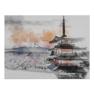 Aquarell Japanische Pagode & Mt. Fuji Poster