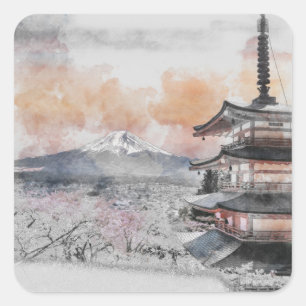 Aquarell Japanische Pagode & Mt. Fuji Quadrat Quadratischer Aufkleber