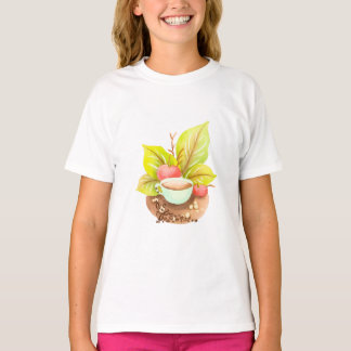 Aquarell-Kaffeetasse mit Blättern und Bohnen Kunst T-Shirt