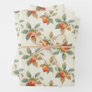 Aquarell-Kaki-Frucht und Blumen Geschenkpapier Set