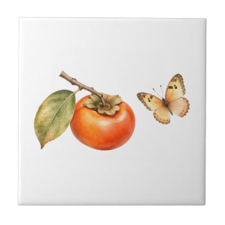 Aquarell-Kaki-Frucht und Schmetterling Fliese