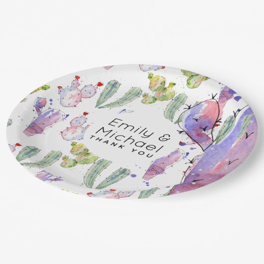 Aquarell-Kaktus-Fiesta personalisiert Pappteller (Schrägansicht)
