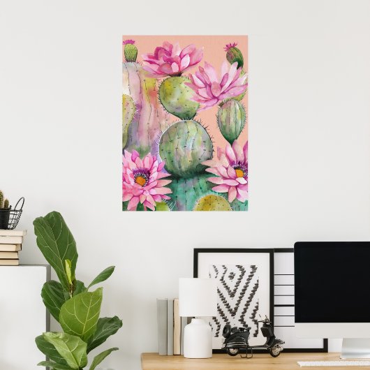 Aquarell Kaktus mit pinken Blüten Poster (Heimbüro)