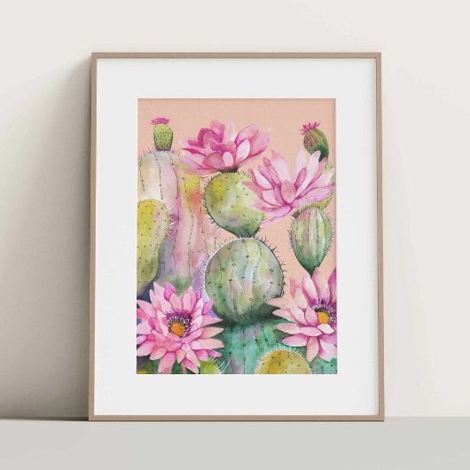 Aquarell Kaktus mit pinken Blüten Poster