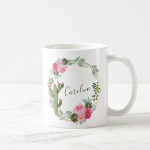 Aquarell-Kaktus-Rosa-Blumenkranz Personalisiert  Kaffeetasse