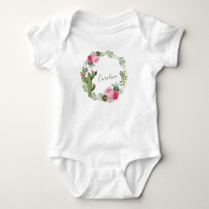 Aquarell-Kaktus-Rosa-Floral-Kranz personalisiert Baby Strampler