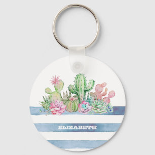 Aquarell Kaktus Sukkulenten Blumen Streifen  Schlüsselanhänger