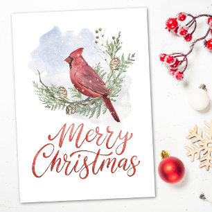 Aquarell Kardinal Nadelbäume Schnee Weihnachten