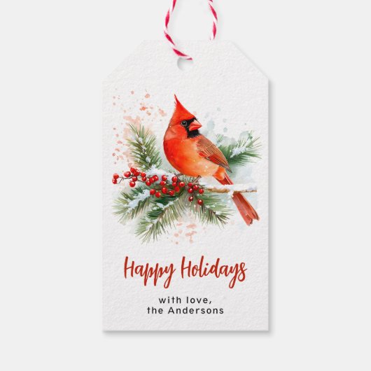 Aquarell Kardinal Stechpalme & Beeren Personalisie Geschenkanhänger (Rückseite)