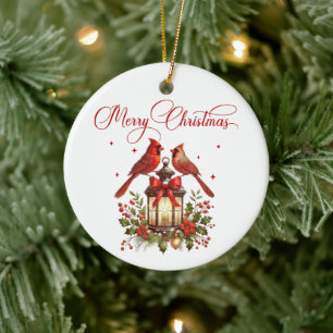 Aquarell-Kardinalvögel auf Weihnachtslaterne Keramik Ornament