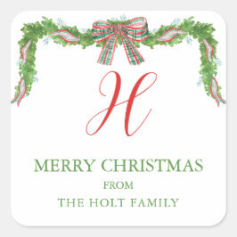 Aquarell Kariert Bow Garland Weihnachten Quadratischer Aufkleber