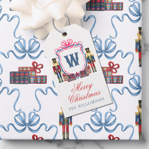 Aquarell-Karo-Nussknacker-Bär-Monogrammwappen Geschenkanhänger