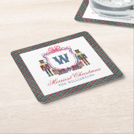 Aquarell-Karo-Nussknacker-Bär-Monogrammwappen Rechteckiger Pappuntersetzer