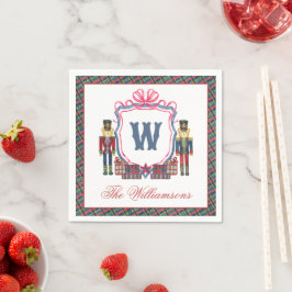 Aquarell-Karo-Nussknacker-Bär-Monogrammwappen Serviette