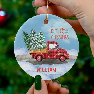 Aquarell-Karo-rot-LKW-Schnee-Frohe-Weihnachten Keramik Ornament