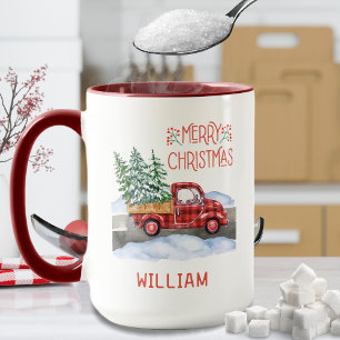 Aquarell-Karo-Rot-LKW-Schnee Frohe Weihnachten Tasse
