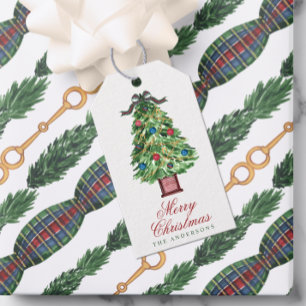 Aquarell-Karo-Schleife-Reiter-Weihnachtsbaum Geschenkanhänger