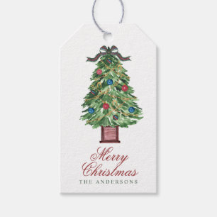 Aquarell-Karo-Schleifen-Reiter-Weihnachtsbaum Geschenkanhänger