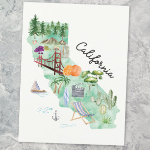 Aquarell-Karte des Bundesstaates Kalifornien Postkarte