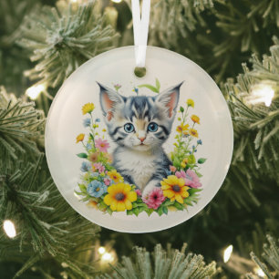 Aquarell-Kätzchen-Blumen-Weihnachten Ornament Aus Glas